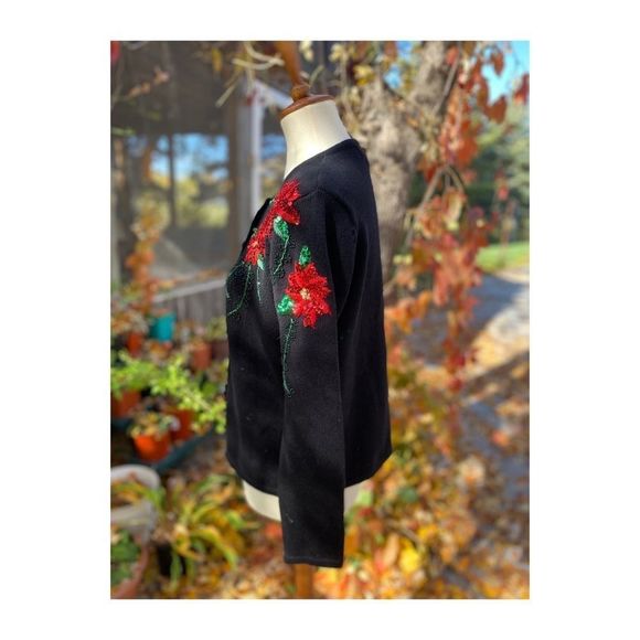 Y2K Cardigan Sweater Floral Sequin Beads Black red - Picture 5 of 9